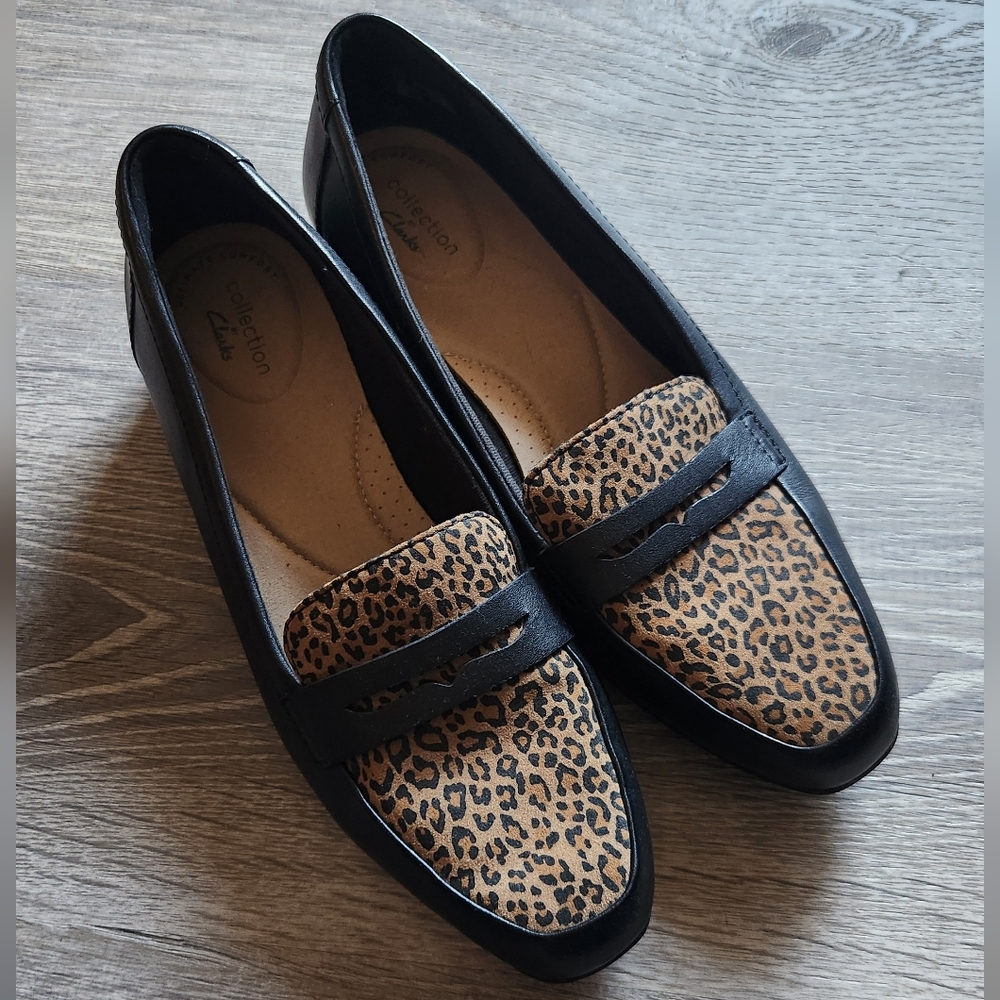 Clarks Juliet Coast Women's Black and Brown Leopard Loafers Slip On 9